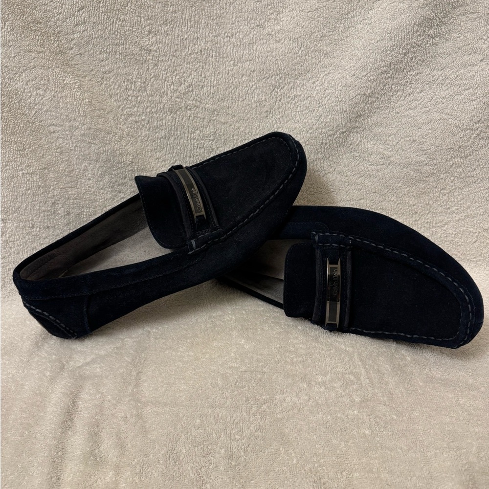 Calvin Klein loafers, front buckle. Navy blue with white bottoms